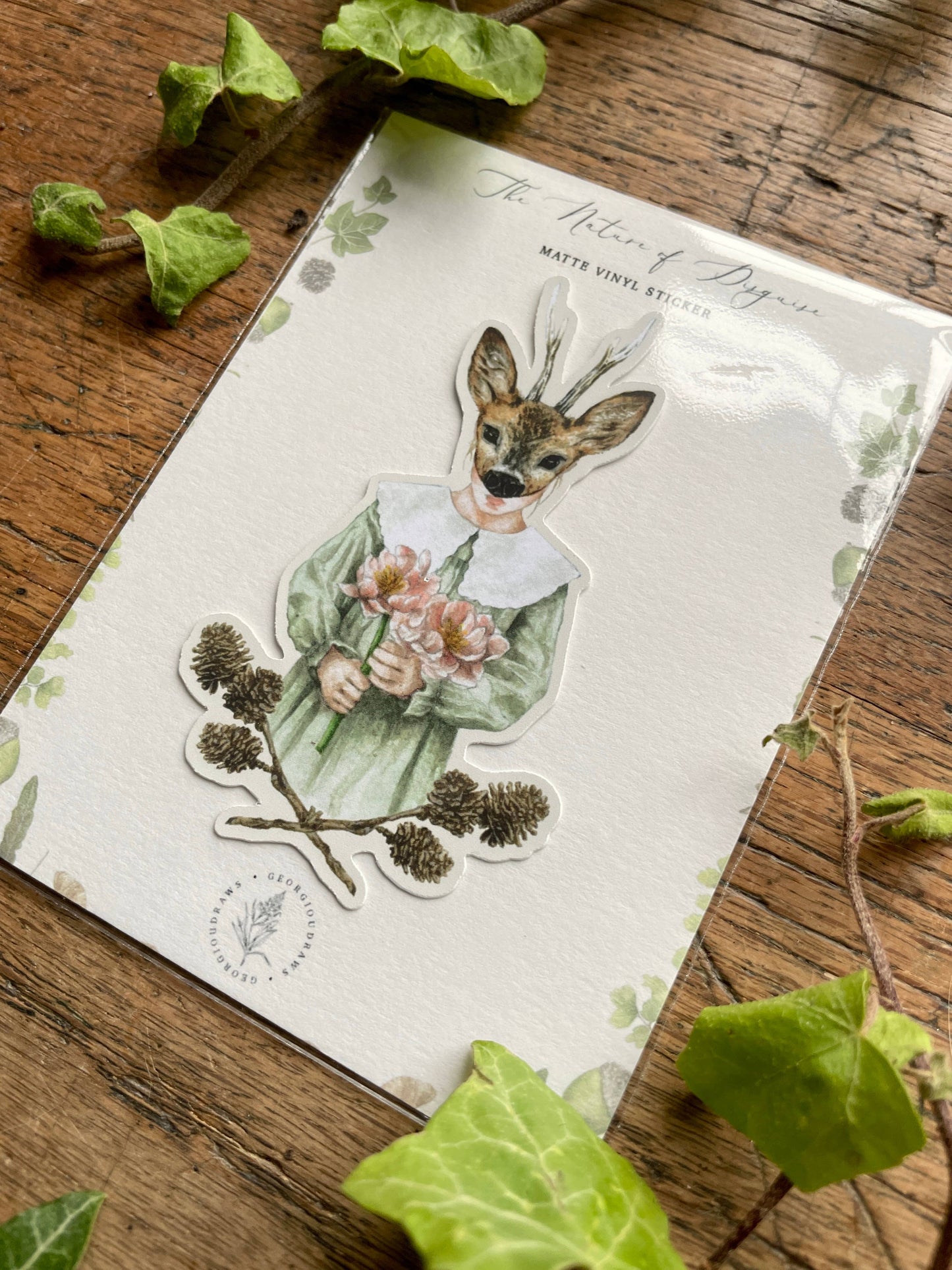 Girl in Deer Mask Matt Vinyl Sticker | Curious Woodland Art