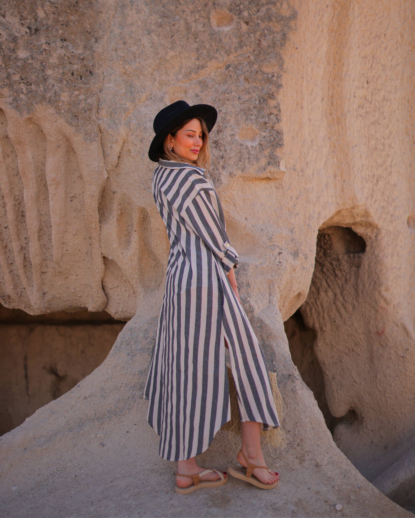 Striped Long Shirt Dress: Anthracite Stripes