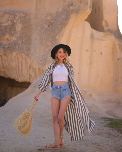 Striped Long Shirt Dress: Anthracite Stripes