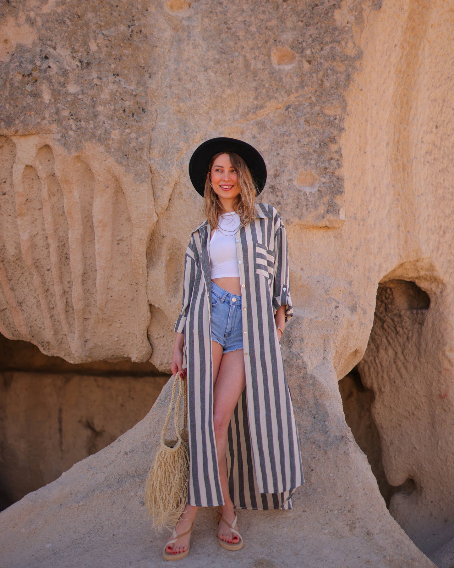 Striped Long Shirt Dress: Anthracite Stripes