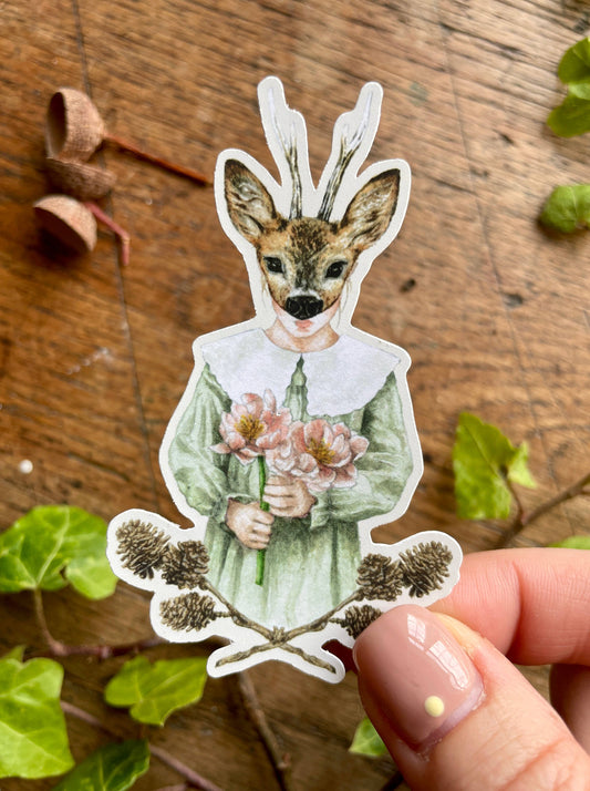 Girl in Deer Mask Matt Vinyl Sticker | Curious Woodland Art