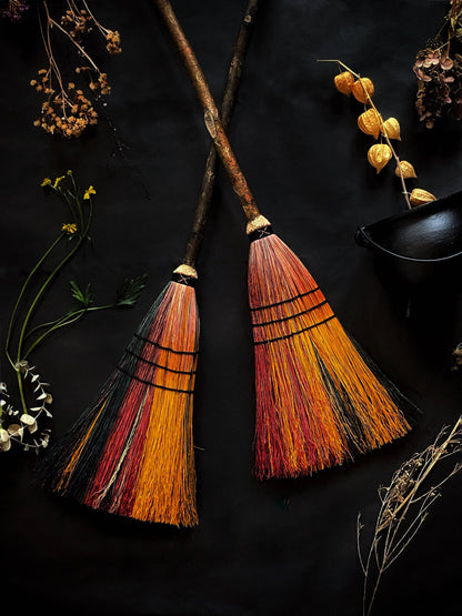"Big Boss Witch" Sweeper Brooms - Kitchen Broom: Crossroads Sweeper - Red, Black and Poppy, Woven Details and Rune Engraved Ash Handle