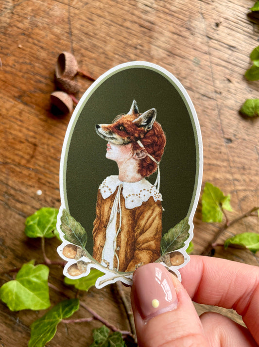 Girl in Fox Mask Oval Matt Vinyl Sticker | Curious Art
